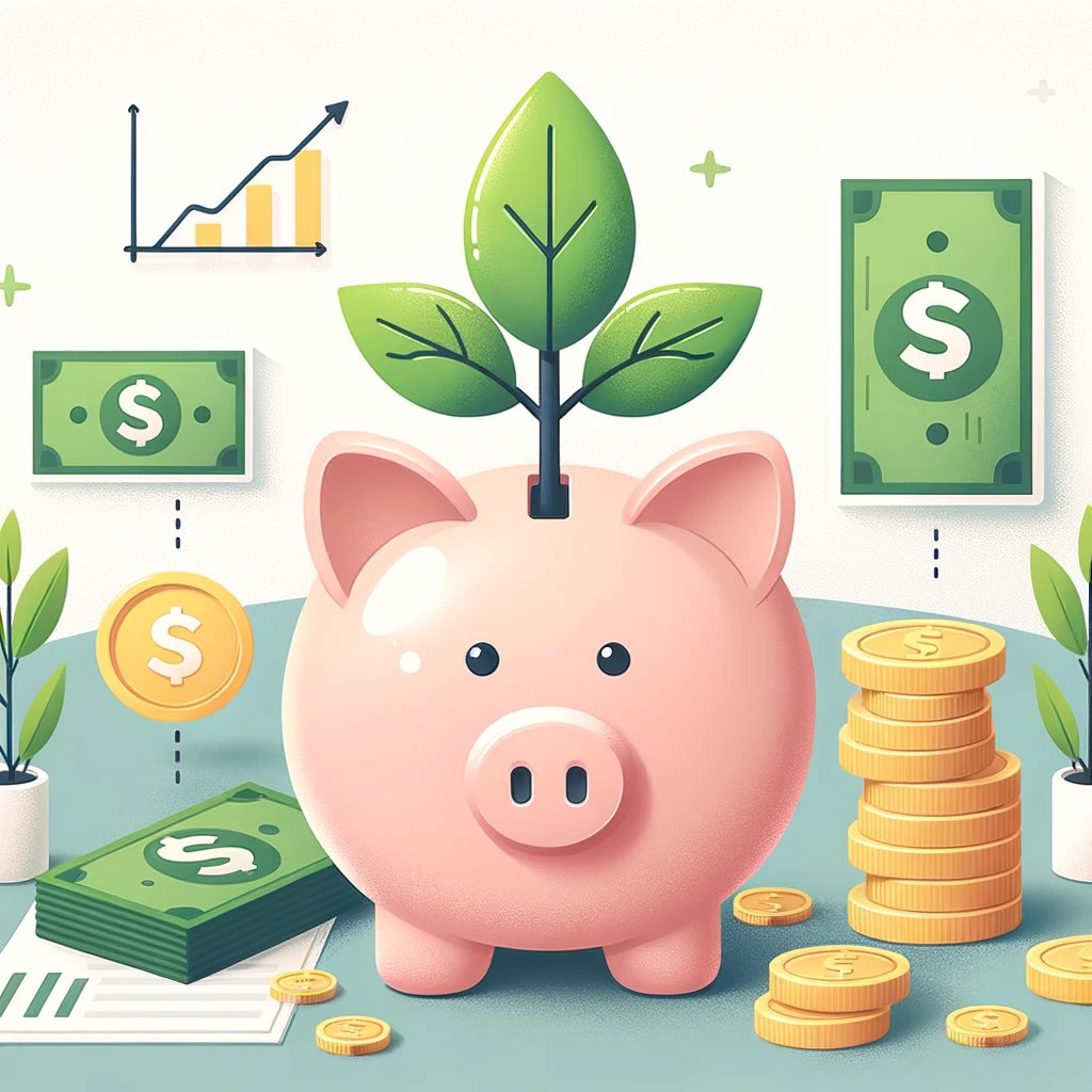 DALL·E 2024-04-05 11.17.41 - Create a simple and visually appealing image representing cost-reduction for a website. The image should feature a piggy bank with a growing plant on 